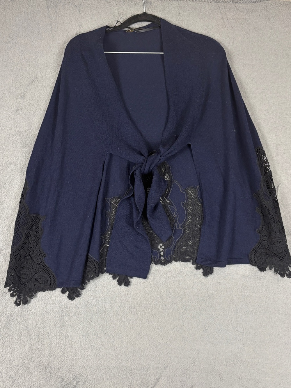 Kobi Halperin Navy Tie-Front Crochet-Trim Poncho